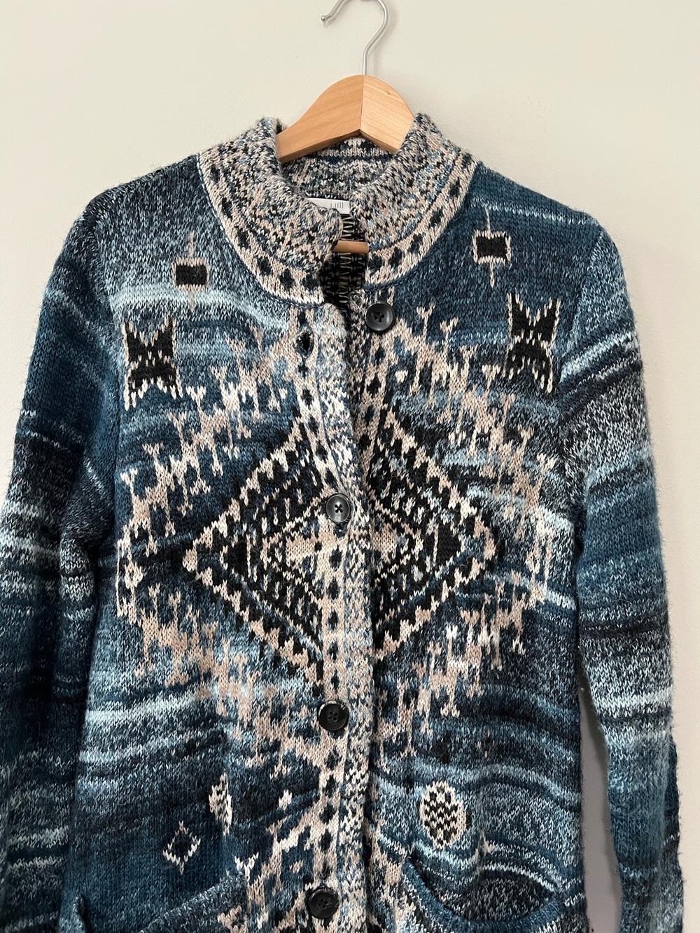 J. Jill Southwestern Aztec Long Cardigan Sweater Duster Blue Boho Knit Jacket S - Picture 4 of 10